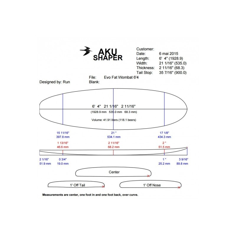 Planche surf Blackwings 6'4 Fat Wombat Cristal Clear - Dimensions