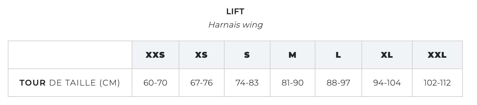 Guide des tailles Harnais Manera Lift